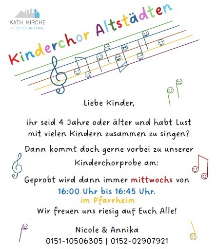 Kinderchorprobe im Pfarrheim Altstädten für alle Kinder ab 4 Jahren